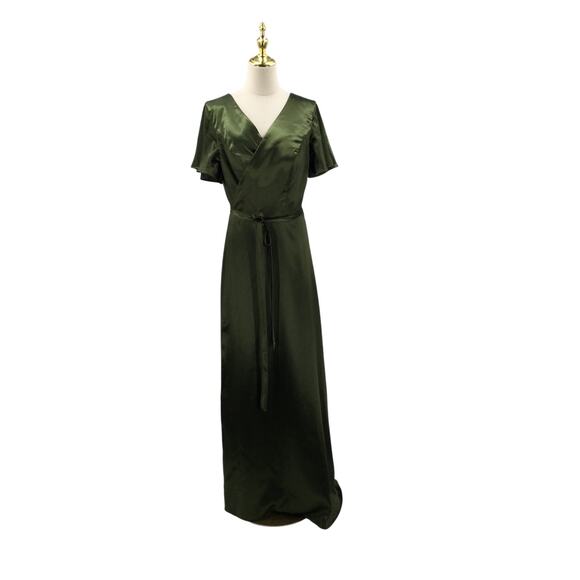 AW BRIDAL 18 2X plus green olive Roseanne wrap satin formal party maxi dress b32 - Picture 3 of 9